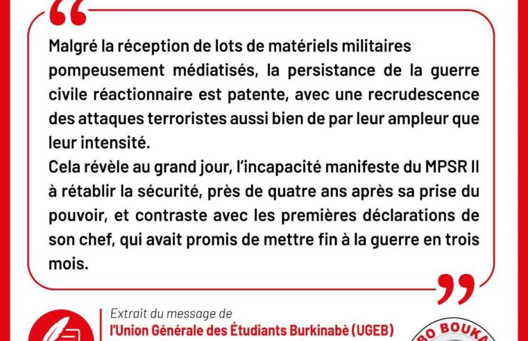 Transition au Burkina Faso : l&rsquo;UGEB dénonce l&rsquo;échec de la stratégie sécuritaire