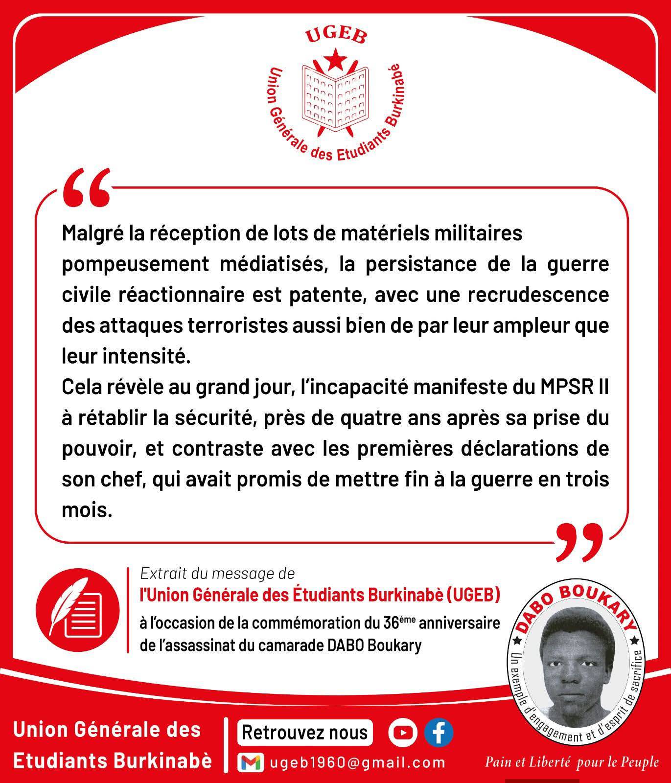 Transition au Burkina Faso : l&rsquo;UGEB dénonce l&rsquo;échec de la stratégie sécuritaire