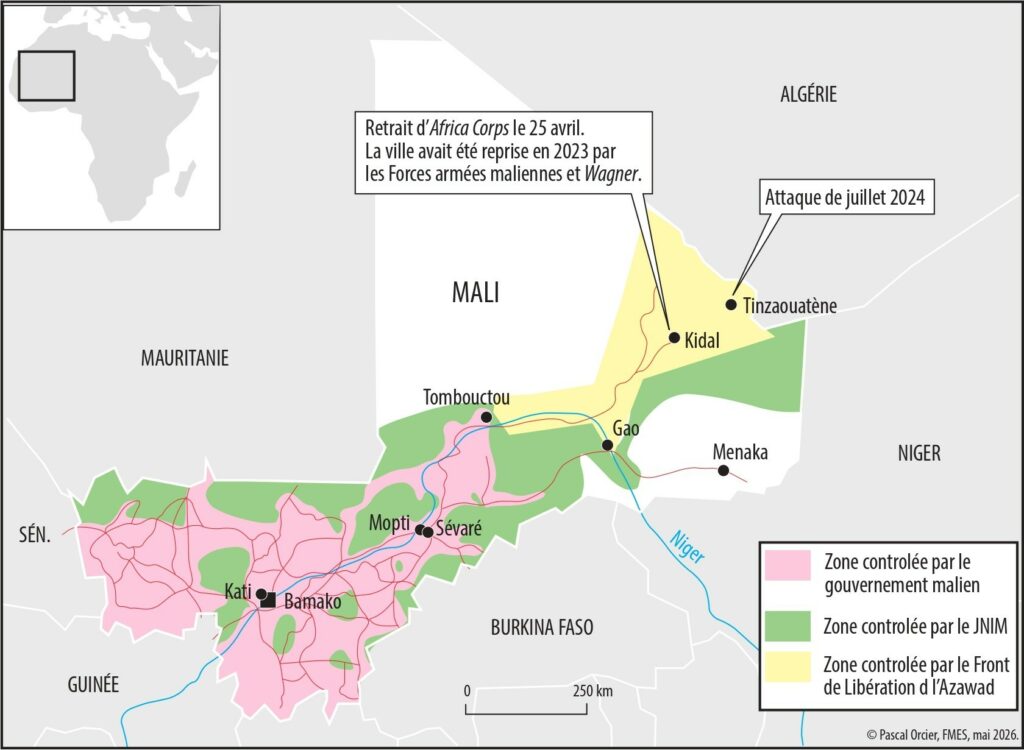 Carte du Mali illustrant les zones de conflit et les villes touchées par les attaques