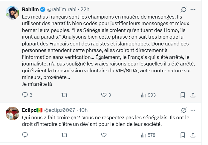 Capture d'écran des réactions en ligne après le reportage