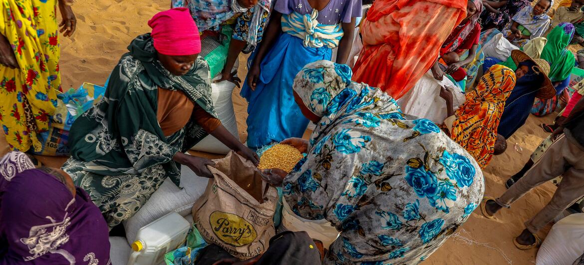 Distribution d'aide alimentaire à des réfugiés soudanais à Adré, au Tchad