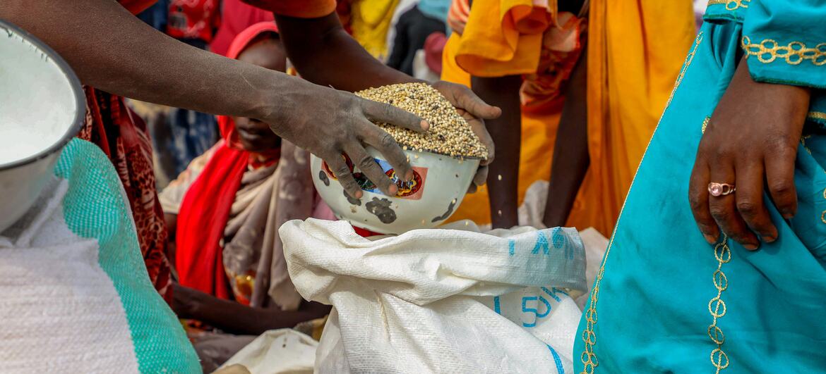 Distribution de sorgho par le PAM à des réfugiés soudanais