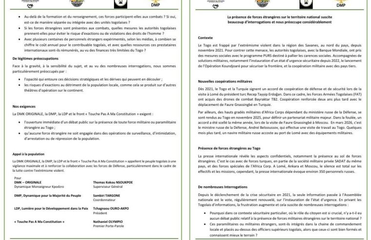 Togo : l&rsquo;ombre des militaires étrangers alimente les interrogations