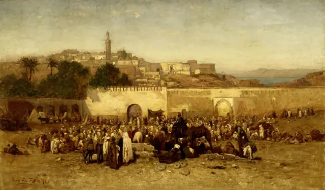Vue du marché de Tanger au XIXe siècle, symbole des échanges historiques entre le Maroc et les États-Unis.